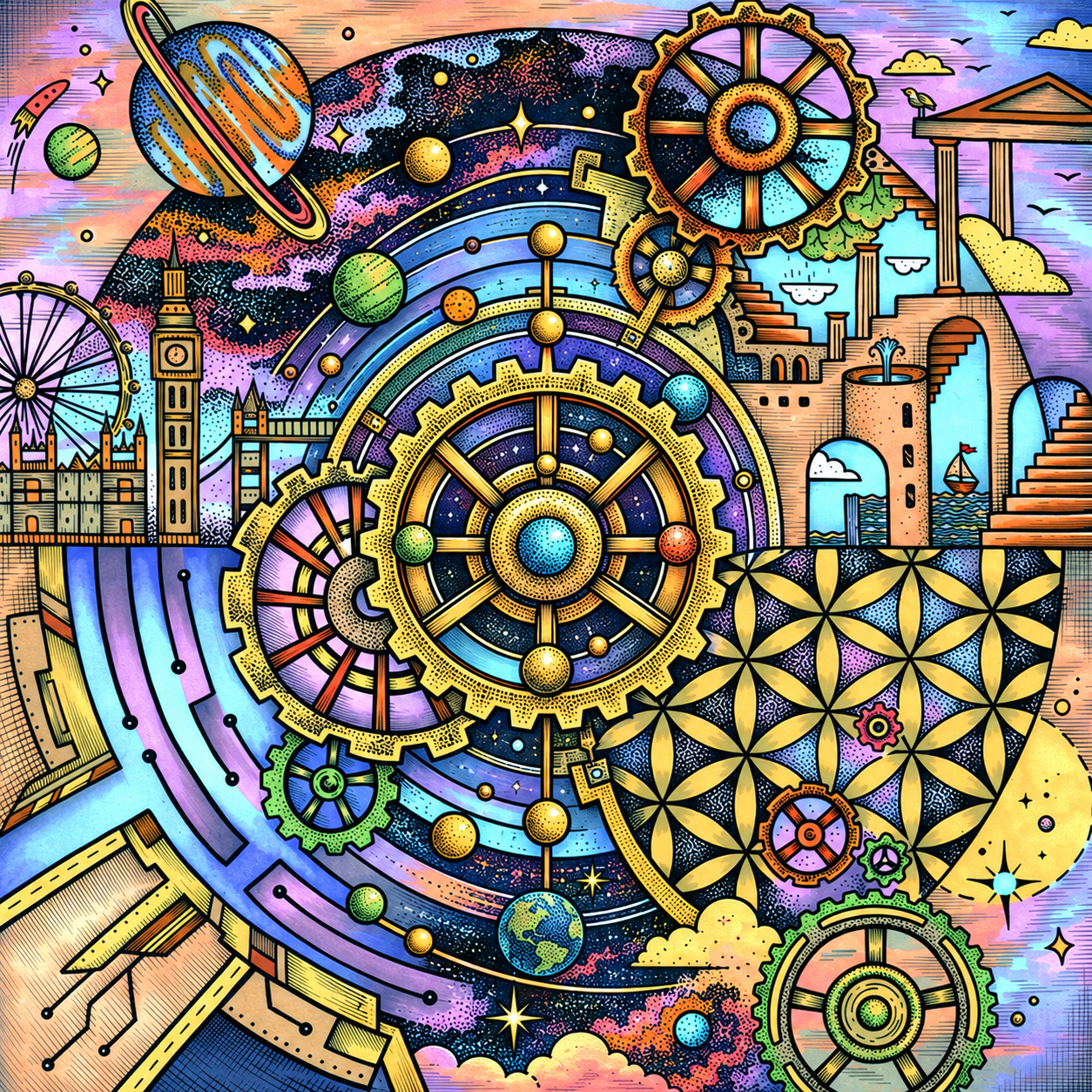 An illustrated world of planets, mechanisms and London architecture